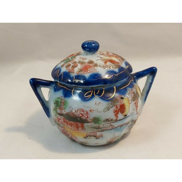 Antique Moriage Japan Porcelain Sugar Bowl w/lid Marked 3" tall Geisha scene - Picture 4 of 12